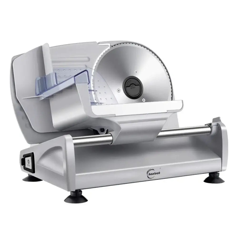 Adjustable silver boelock electric meat and deli slicer with circular precision blade and transparent food guide