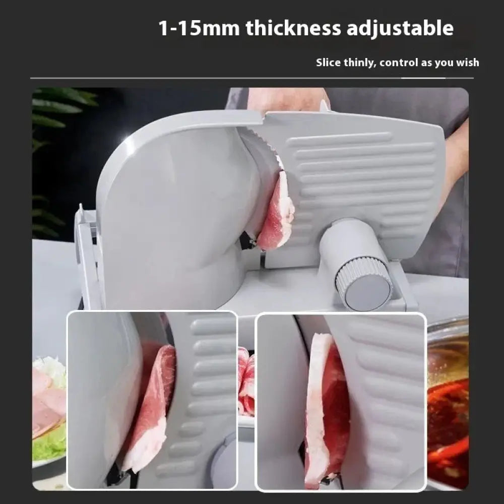Gray plastic adjustable electric meat and deli slicer with precision blade and 1 to 15 mm thickness setting