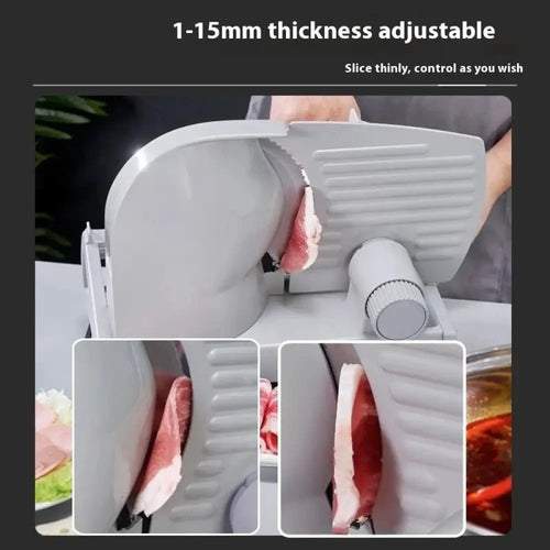 Gray plastic adjustable electric meat and deli slicer with precision blade and 1 to 15 mm thickness setting