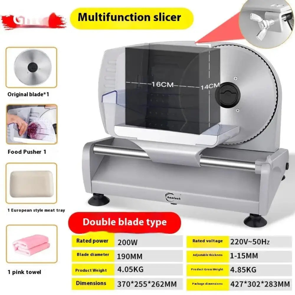 Silver adjustable electric meat and deli slicer with double precision blade and thickness control for versatile slicing