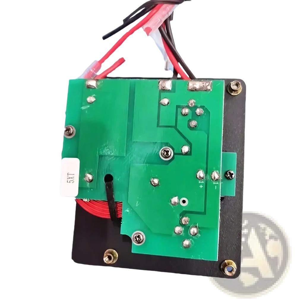 Mw audio 5xt professional speaker accessory kit showing green printed circuit board with silver screws and red black wires mounted on black base