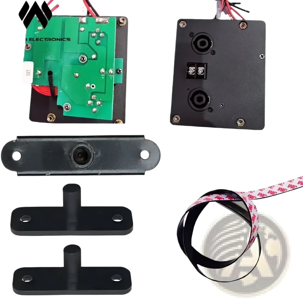 Mw Audio 5xt professional speaker accessory kit back panel showing black rectangular module with green circuit board and red wiring
