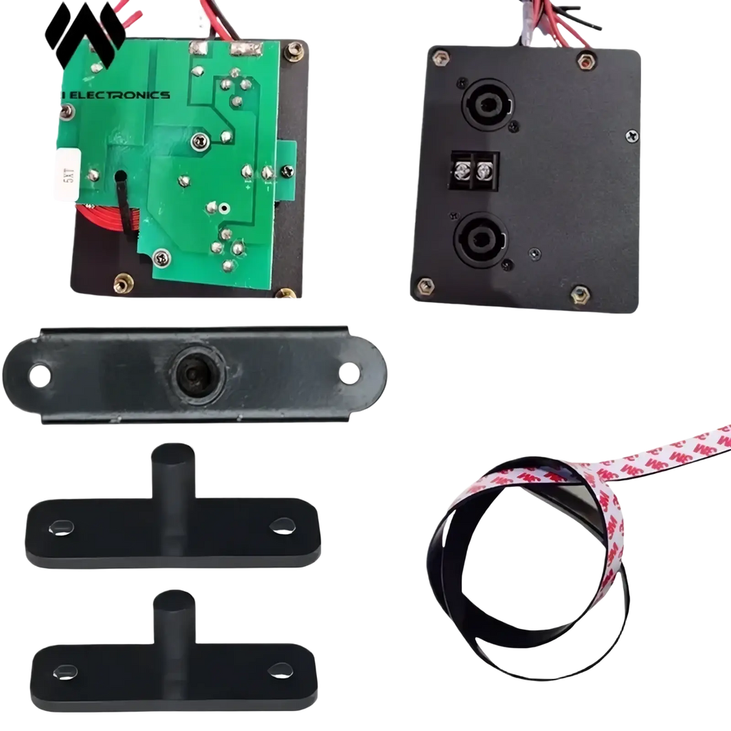 Mw Audio 5xt professional speaker accessory kit back panel showing black rectangular module with green circuit board and red wiring
