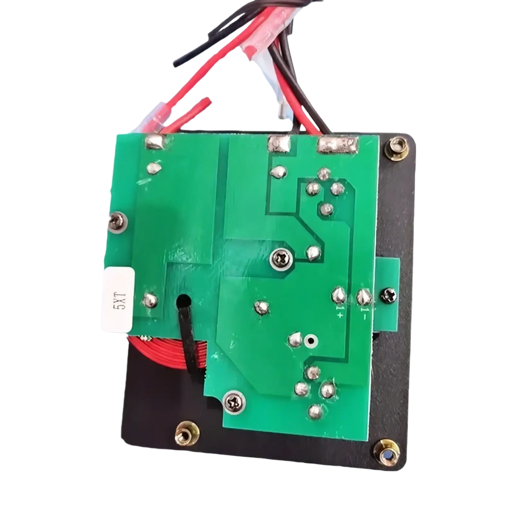 Mw audio 5xt professional speaker accessory kit showing green printed circuit board with silver screws and red black wires mounted on black base