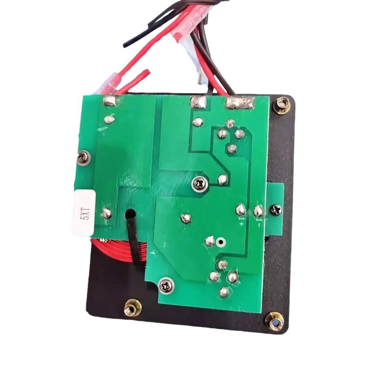 Mw audio 5xt professional speaker accessory kit showing green printed circuit board with silver screws and red black wires mounted on black base