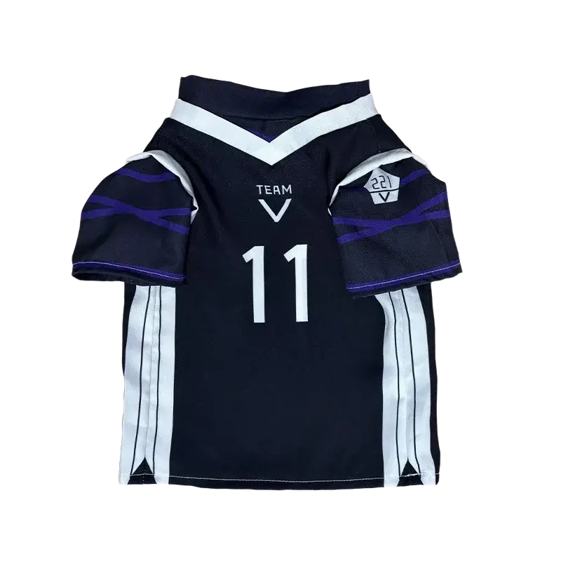 Black dog jersey jumpsuit with white purple accents number 11 team v branding from nagi seishiro pet cosplay costume
