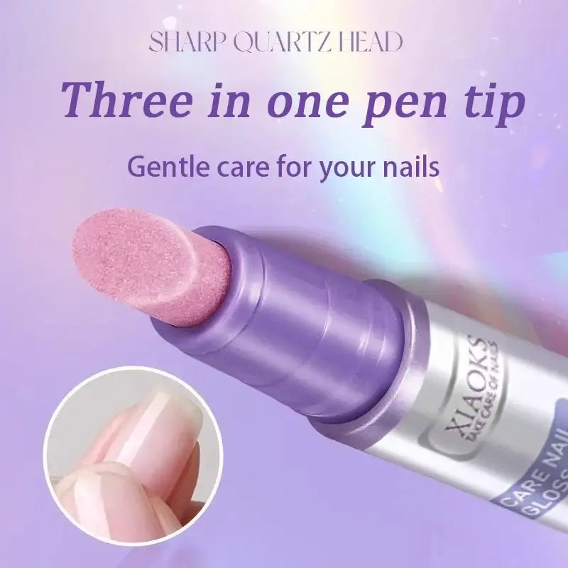 Purple cylindrical nail care essence pen with pink textured quartz tip designed for dead skin repair