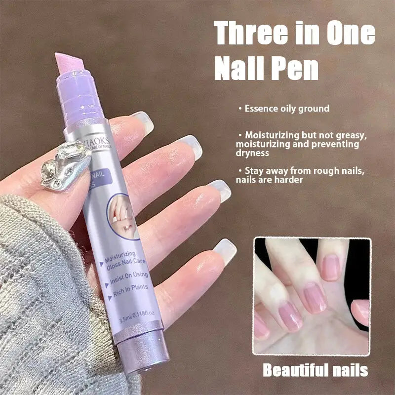 A sleek silver three in one nail care essence pen by qiaoks with purple cap for dead skin repair