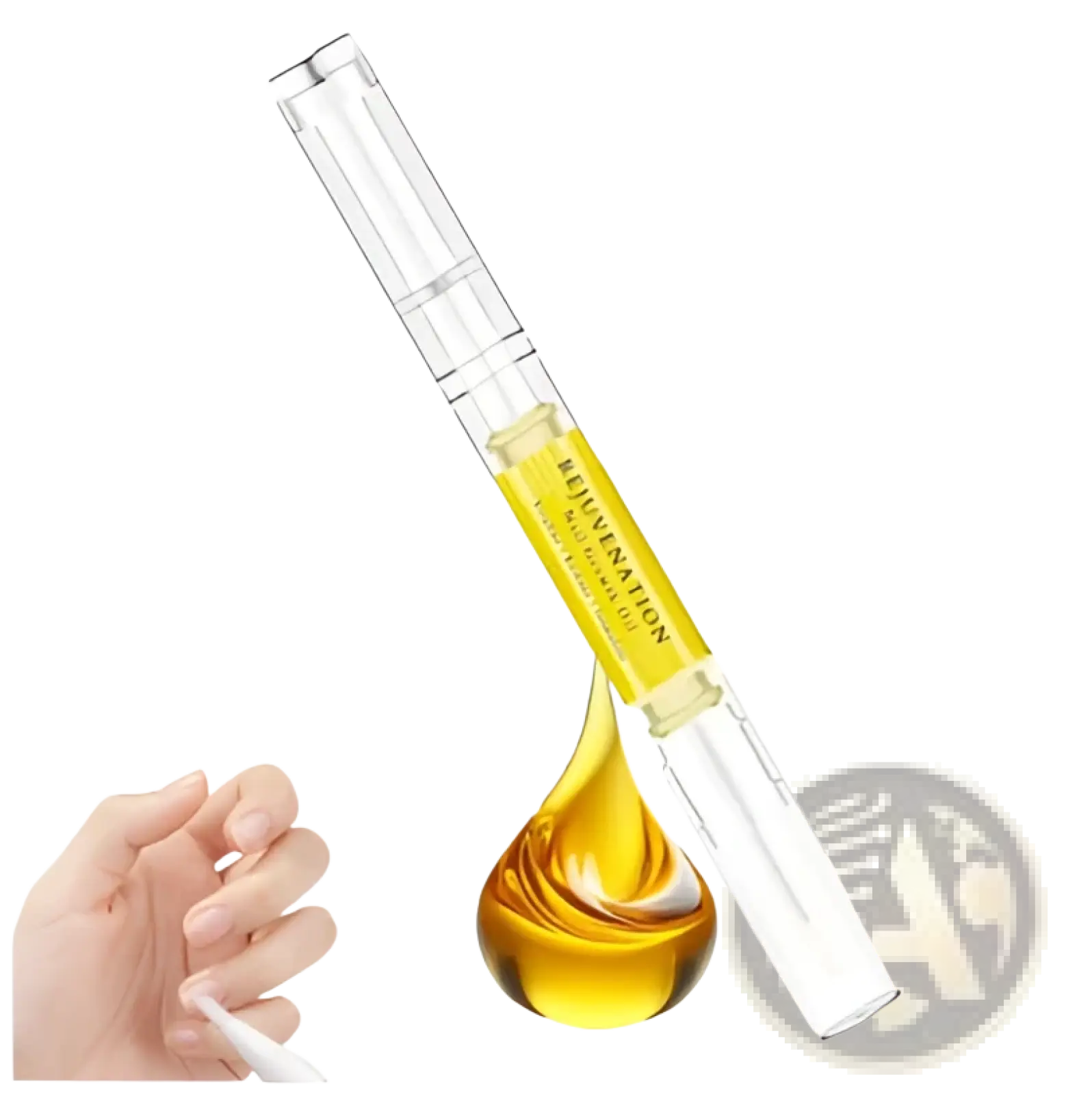 Clear glass pen-style nail growth oil with yellow label rejuvenation and golden-yellow liquid for strength and moisture