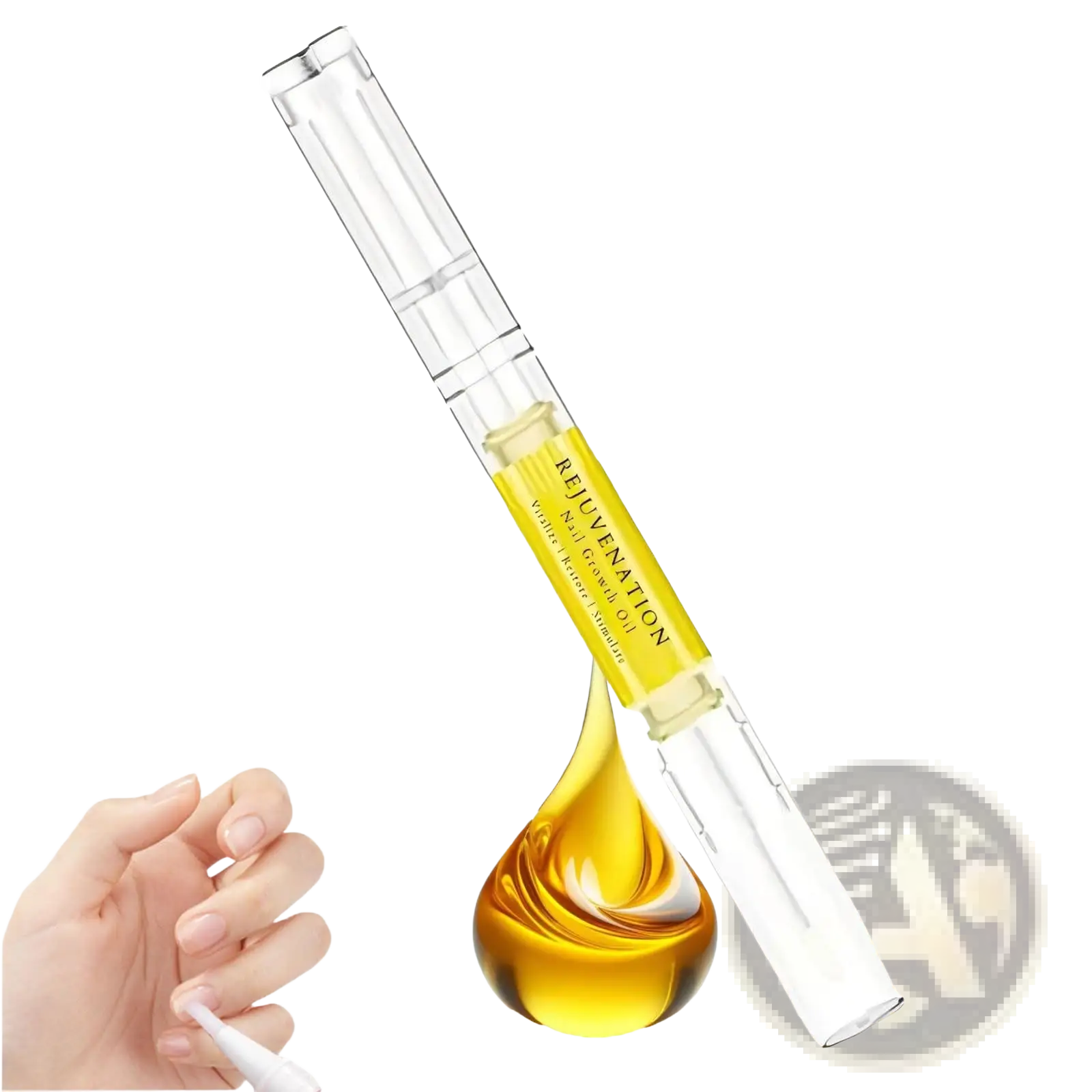 Clear glass pen-style nail growth oil with yellow liquid labeled rejuvenation nail growth oil for strength and moisture