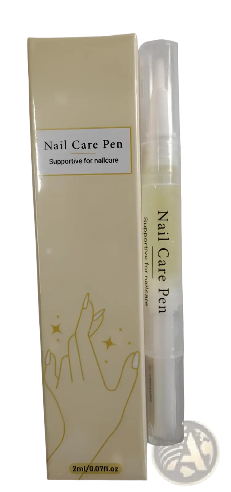 A clear slender nail growth oil pen with a white cap and gold foil labeling beside a cream box with hand illustrations