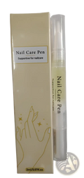 A clear slender nail growth oil pen with a white cap and gold foil labeling beside a cream box with hand illustrations