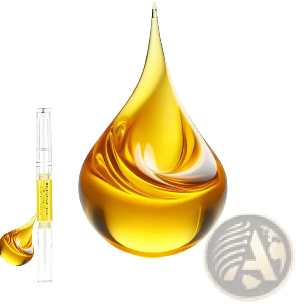 A sleek transparent glass bottle with a white cap and yellow label of brother nail growth oil for strength and moisture
