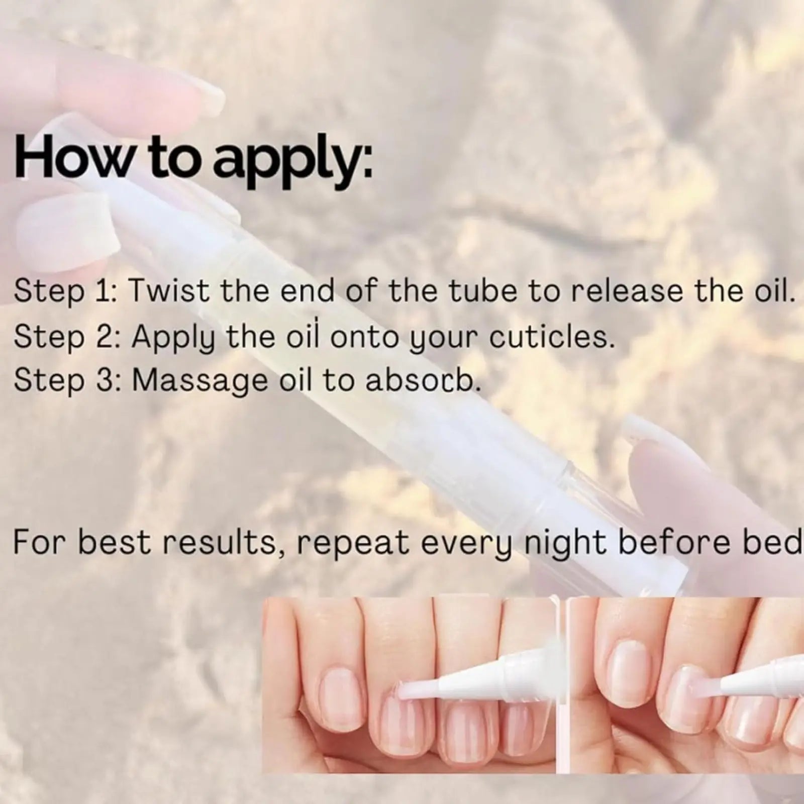 White tube with fine tip applicator for nail growth oil designed to strengthen and moisturize cuticles