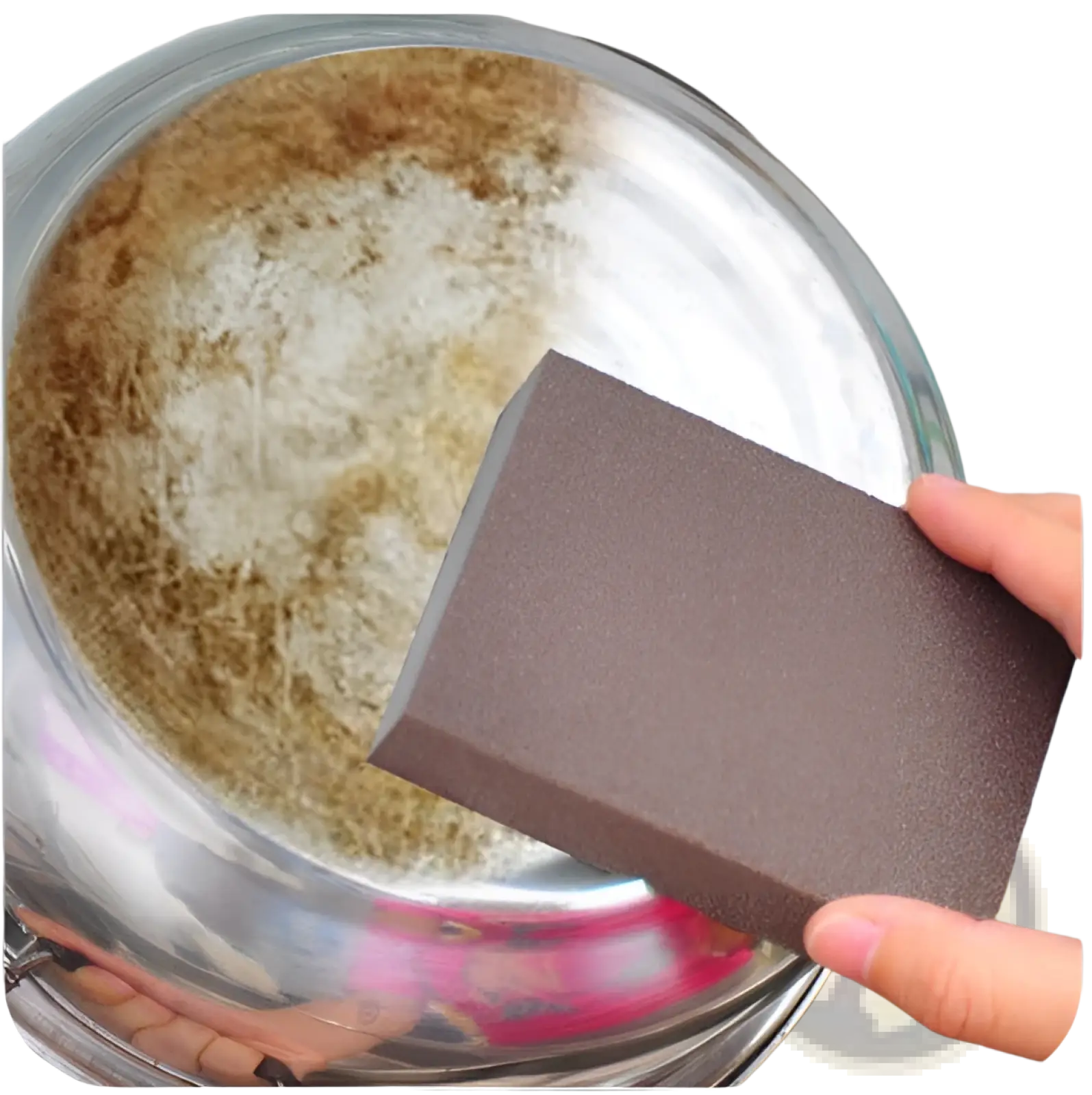 Dark brown rectangular nano emery sponge sanding block held in hand near stainless steel bowl with residue for rust removal