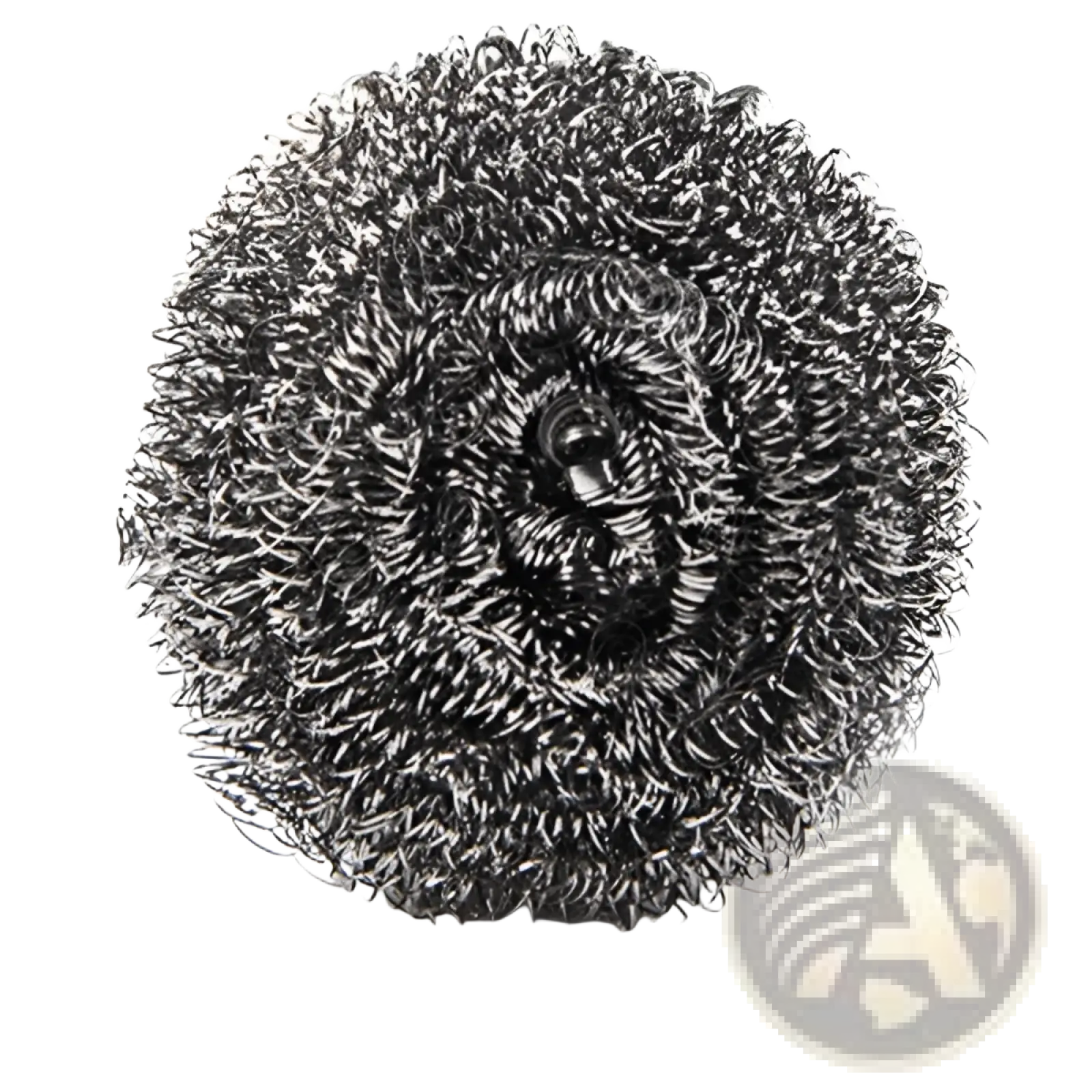 A round tightly coiled steel wool scrubber with metallic gray finish for nano emery sponge rust and stain remover tool