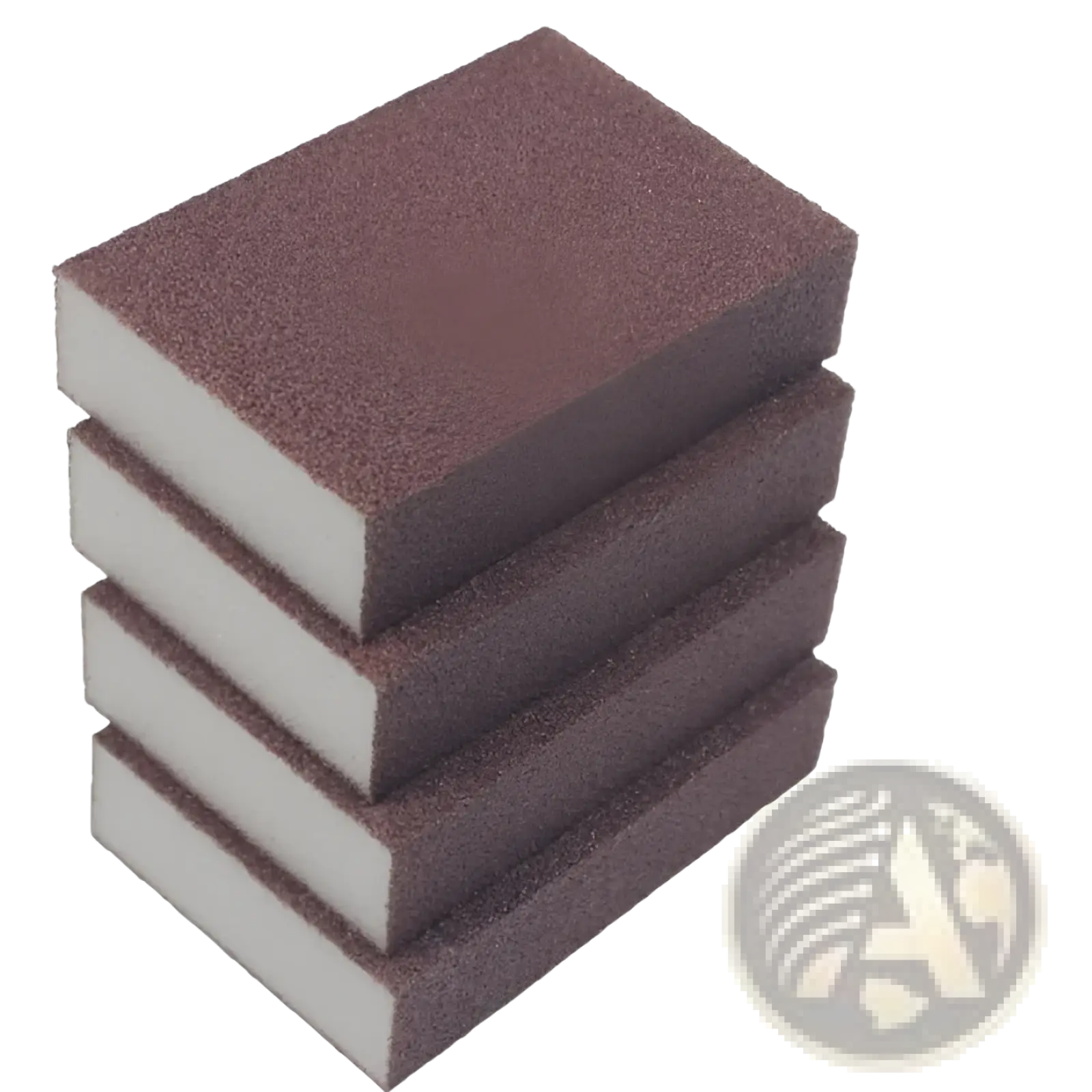 Stack of four brown abrasive nano emery sponge rust and stain remover blocks with white foam backing