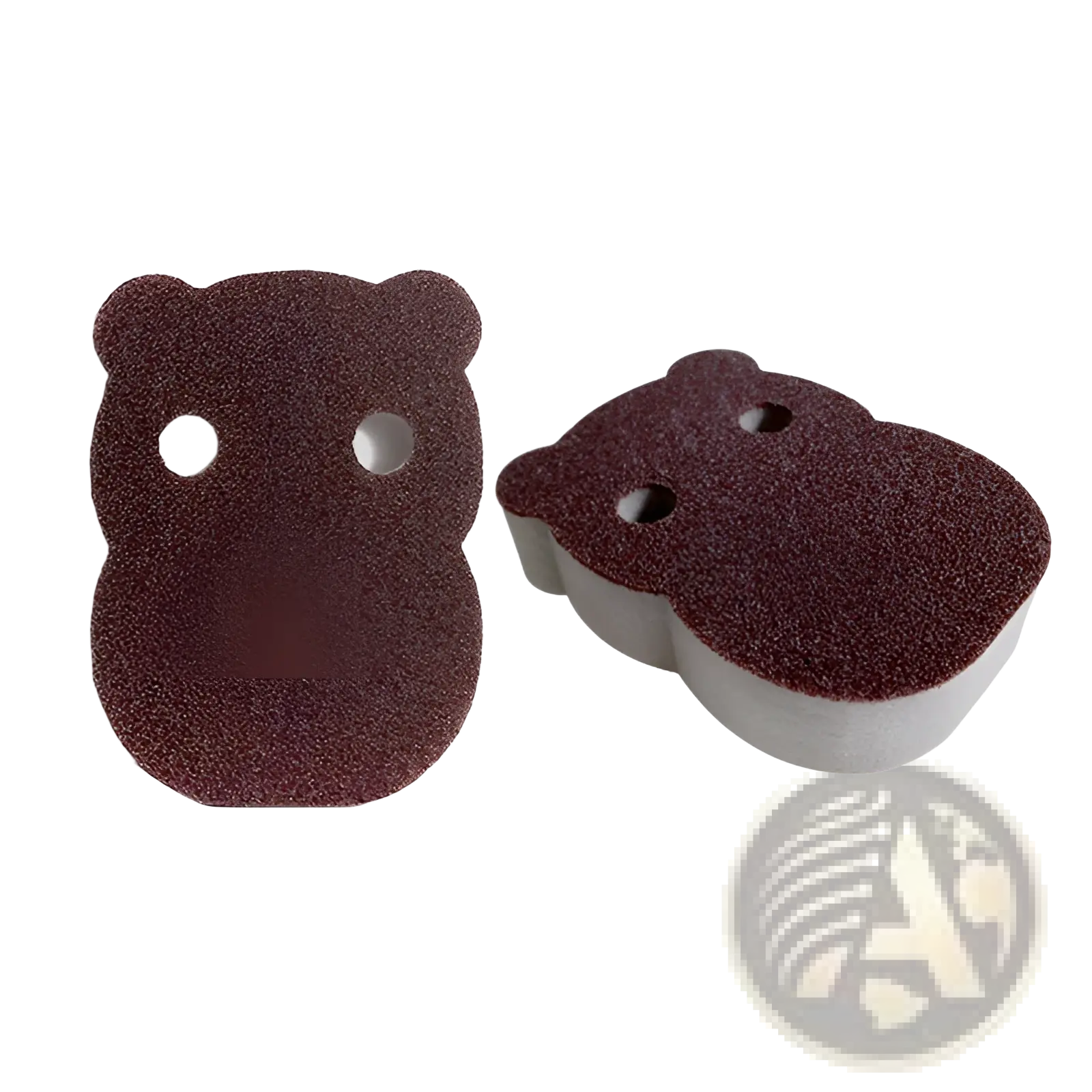 Brown bear-shaped nano emery sponge rust and stain remover tool with textured abrasive surface and white plastic backing