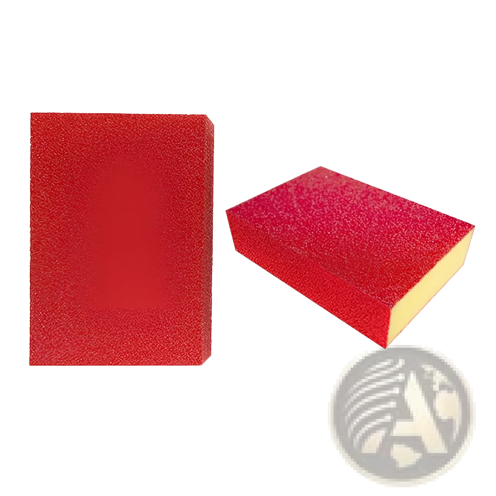 Red abrasive nano emery sponge rust and stain remover tool with textured surface and yellow foam backing