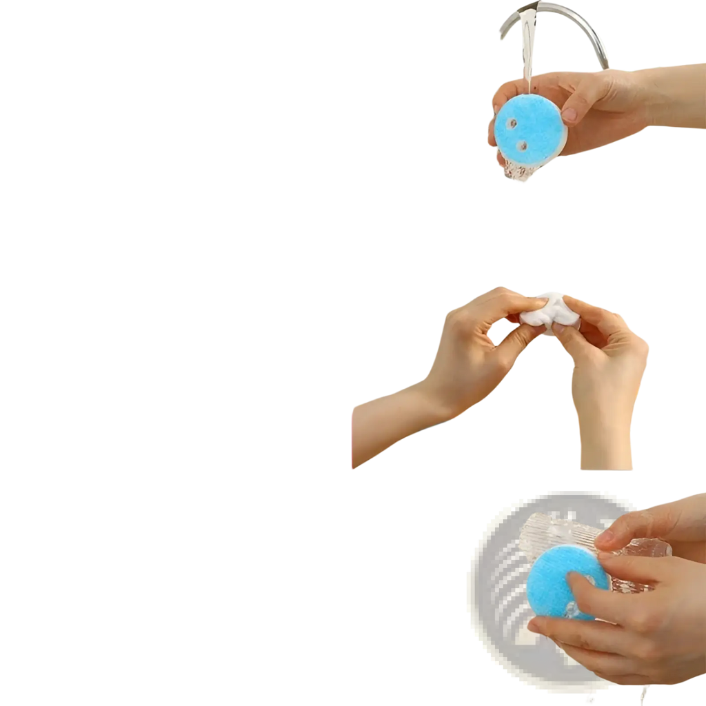 Blue circular nano sponge cleaning pad with textured surface and two small holes for kitchen scrubbing tasks