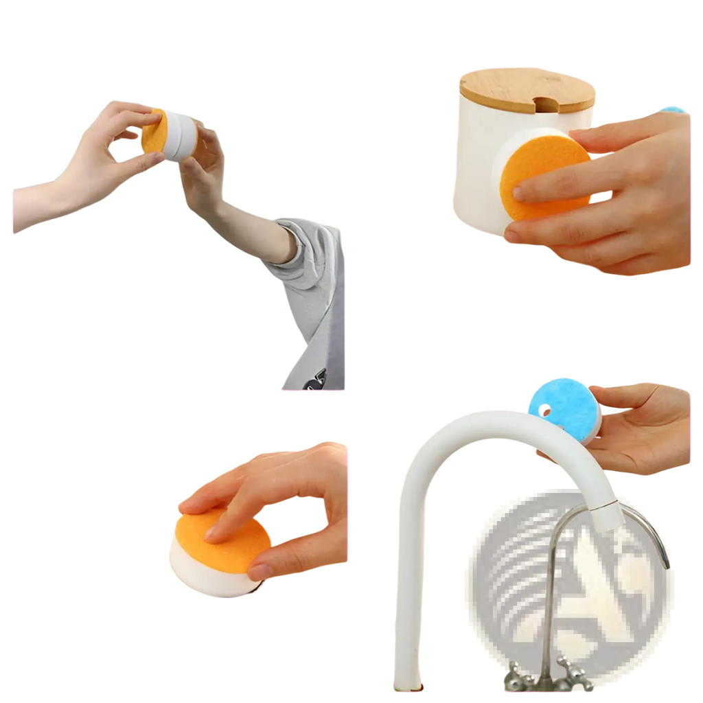 Orange and white circular nano sponge cleaning pad with wooden lid, durable kitchen scrubber for efficient cleaning