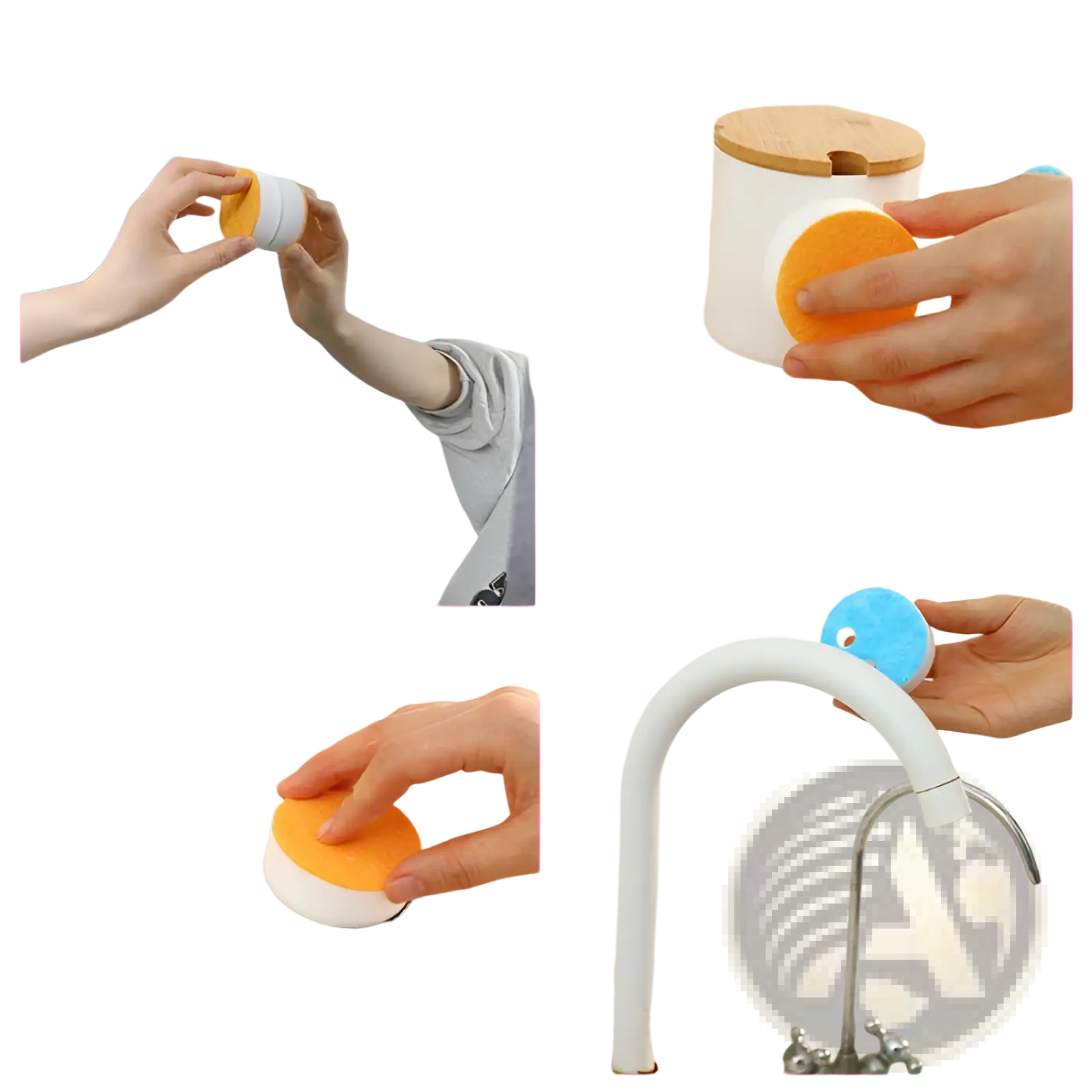 Orange and white circular nano sponge cleaning pad with wooden lid, durable kitchen scrubber for efficient cleaning
