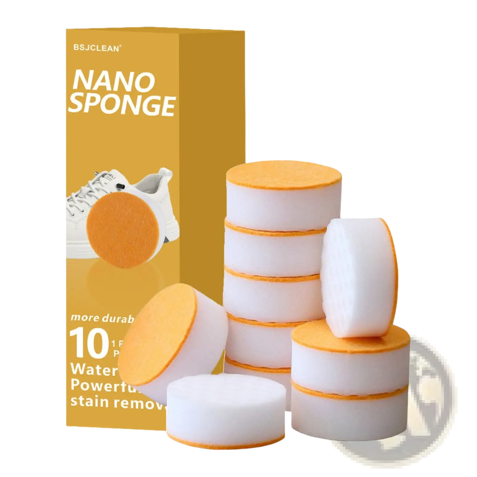 Orange and white bsjclean nano sponge cleaning pads in a stack six pack for kitchen scrubbing and cleaning tasks