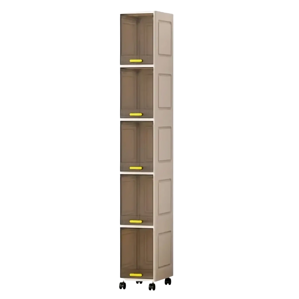 Beige plastic narrow clear door 5 tier rolling storage cabinet with transparent doors yellow handles and caster wheels