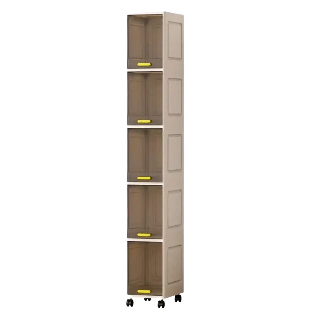 Beige plastic narrow clear door 5 tier rolling storage cabinet with transparent doors yellow handles and caster wheels