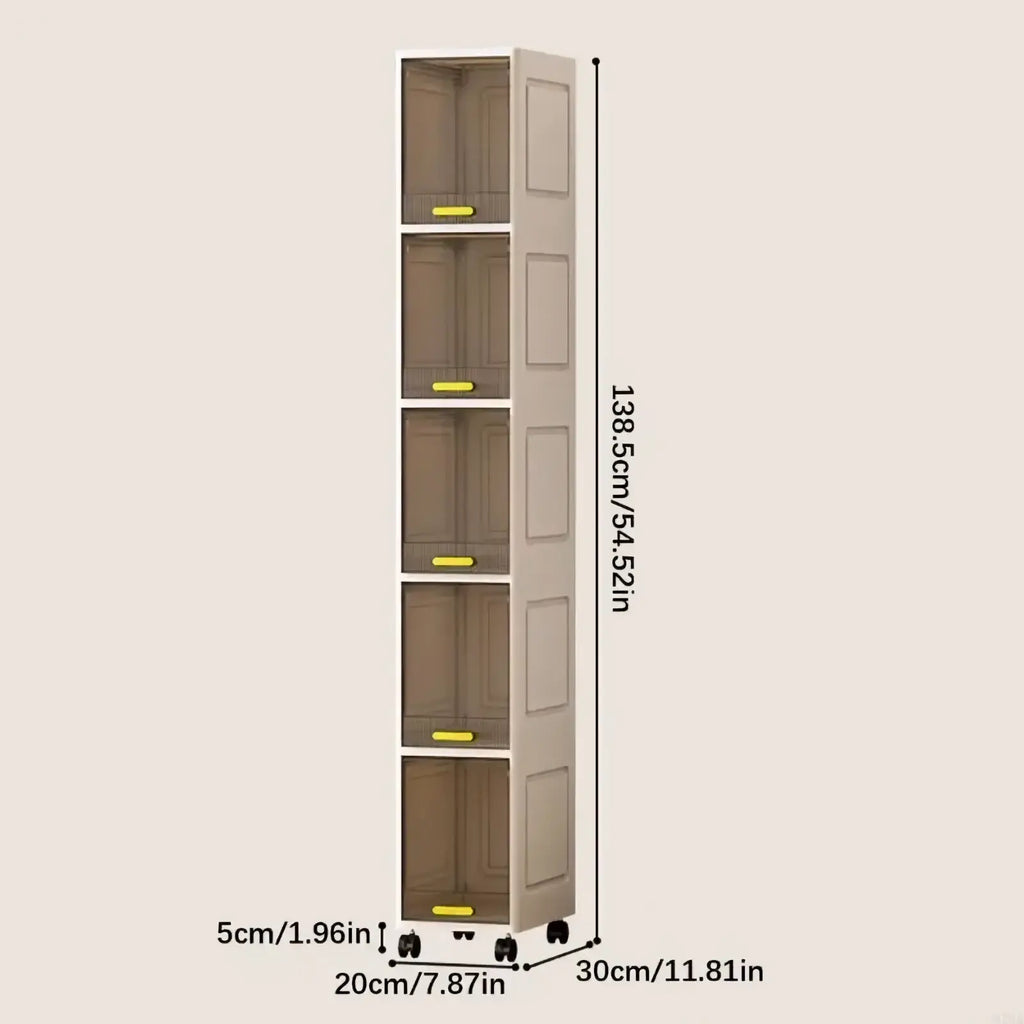 Narrow clear door 5 tier rolling storage cabinet tall beige plastic with yellow handles and black wheels
