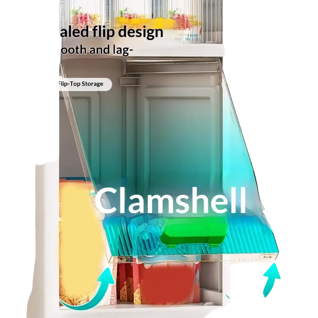 Transparent blue clamshell storage container with sealed door and flip-top design in narrow clear door 5 tier rolling storage cabinet
