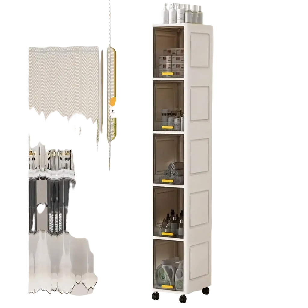 White narrow clear door 5 tier rolling storage cabinet with transparent doors and black caster wheels for bathroom use