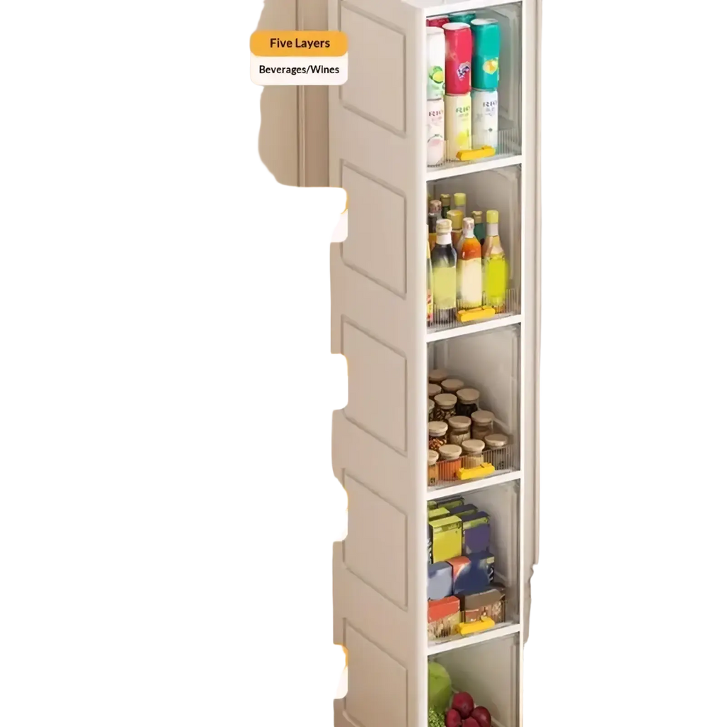 White narrow clear door 5 tier rolling storage cabinet with glass-fronted shelves and labeled pantry sections for organization