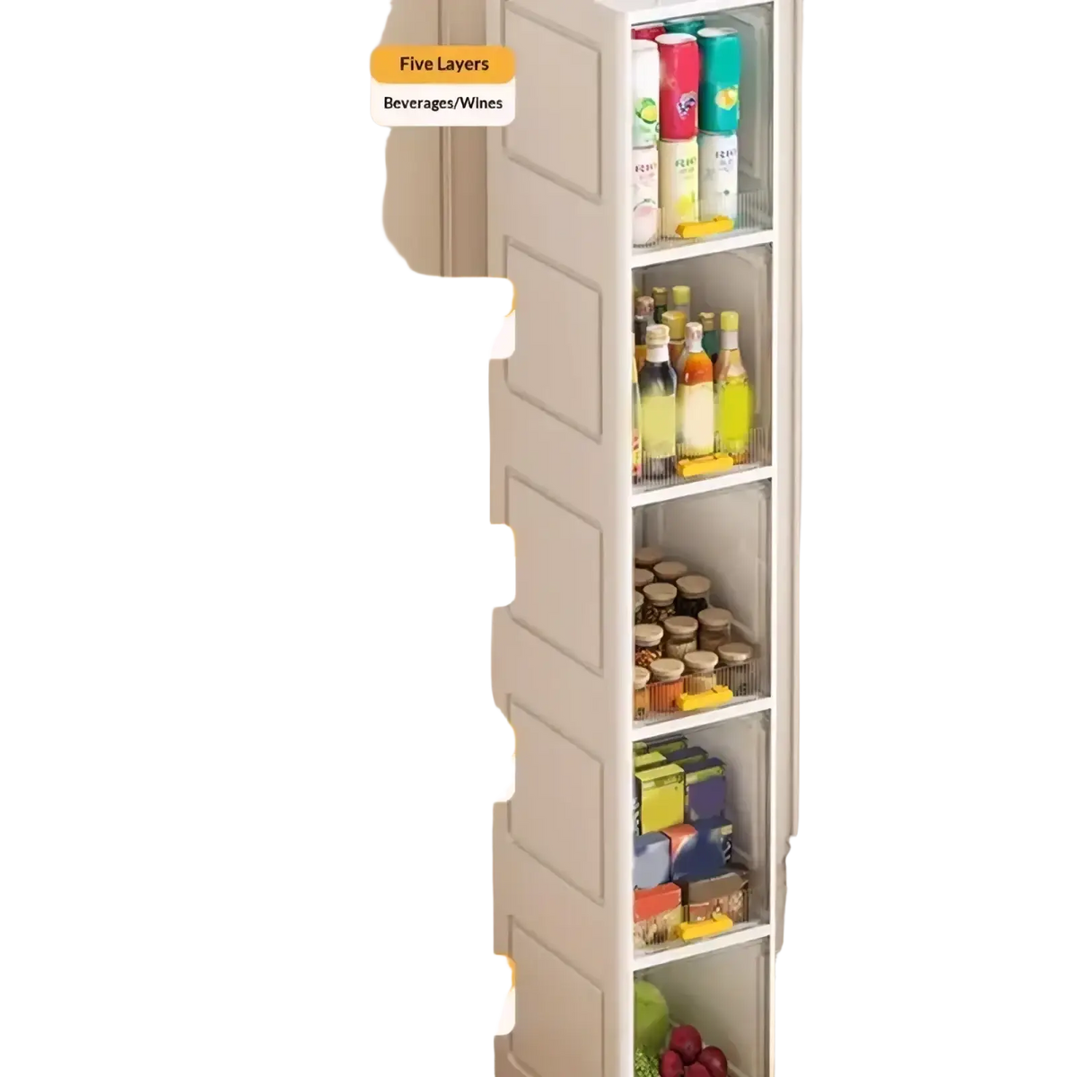 White narrow clear door 5 tier rolling storage cabinet with glass-fronted shelves and labeled pantry sections for organization