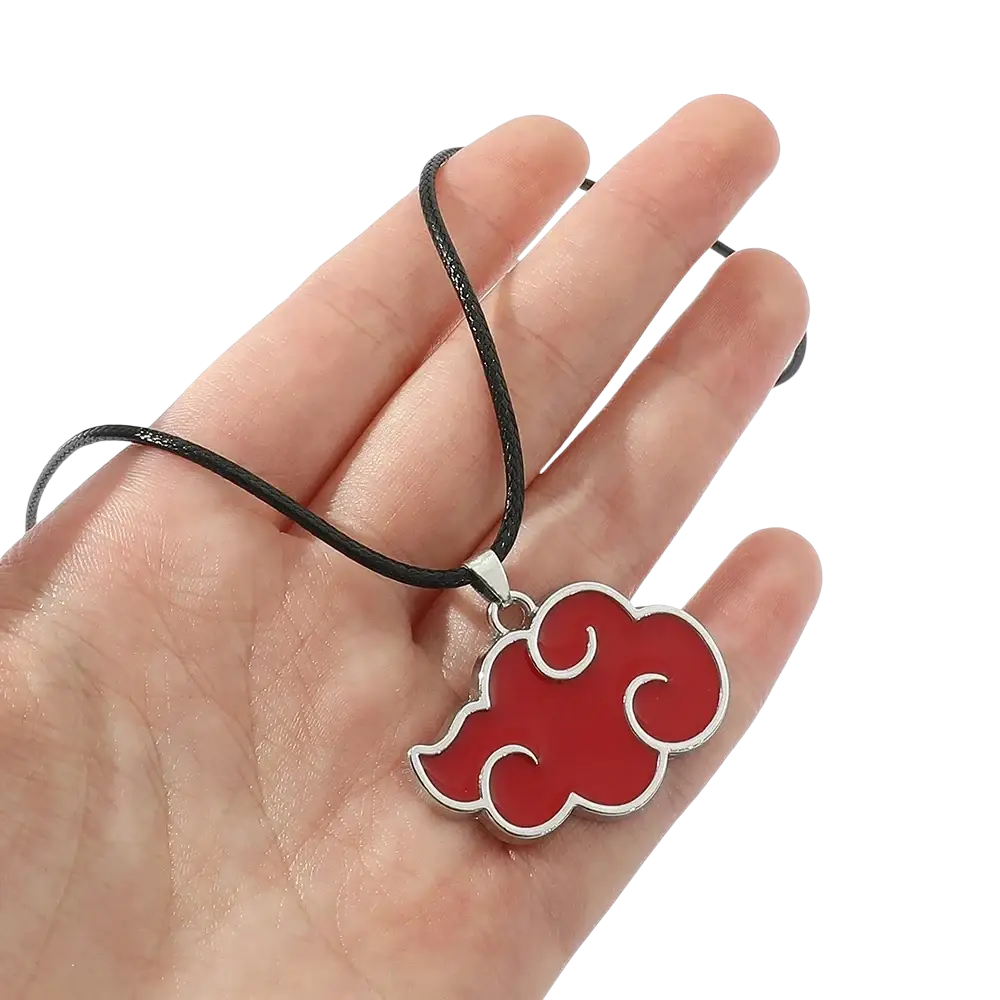 Red cloud-shaped metal pendant with silver outline on black cord Naruto cosplay necklace from Mainland China