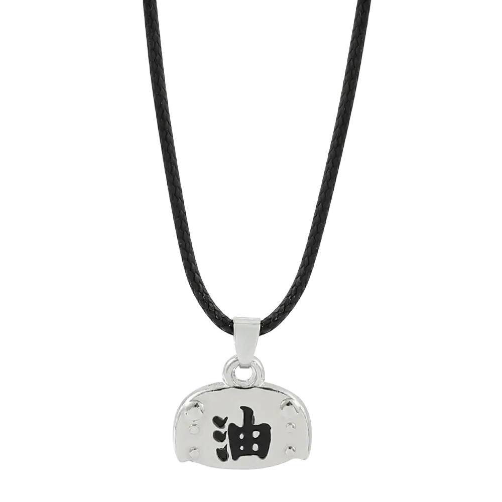Silver pendant necklace from mainland china with a black chinese character oil engraved on a textured surface