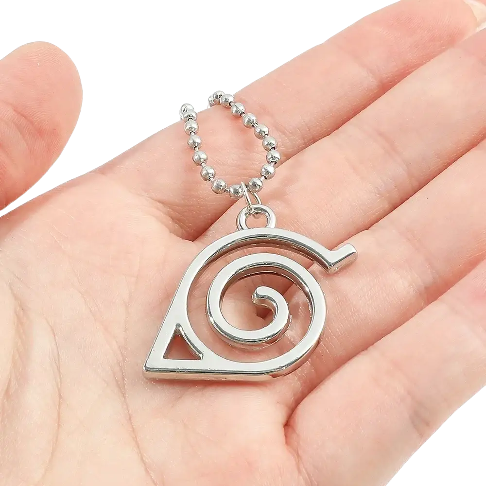 Silver-colored metal pendant with iconic naruto spiral leaf emblem on matching ball chain from mainland china
