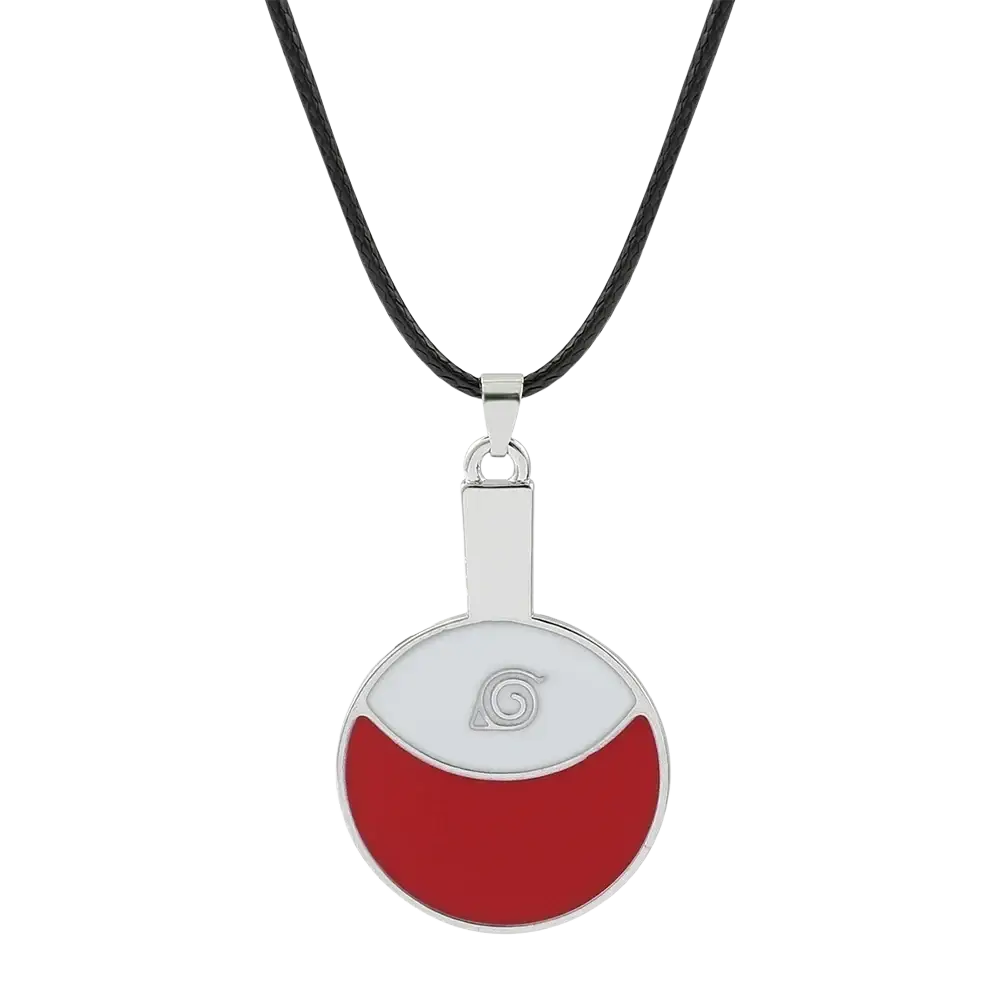 Red and white enamel metal Naruto red cloud necklace with silver spiral emblem on a black cord from mainland China