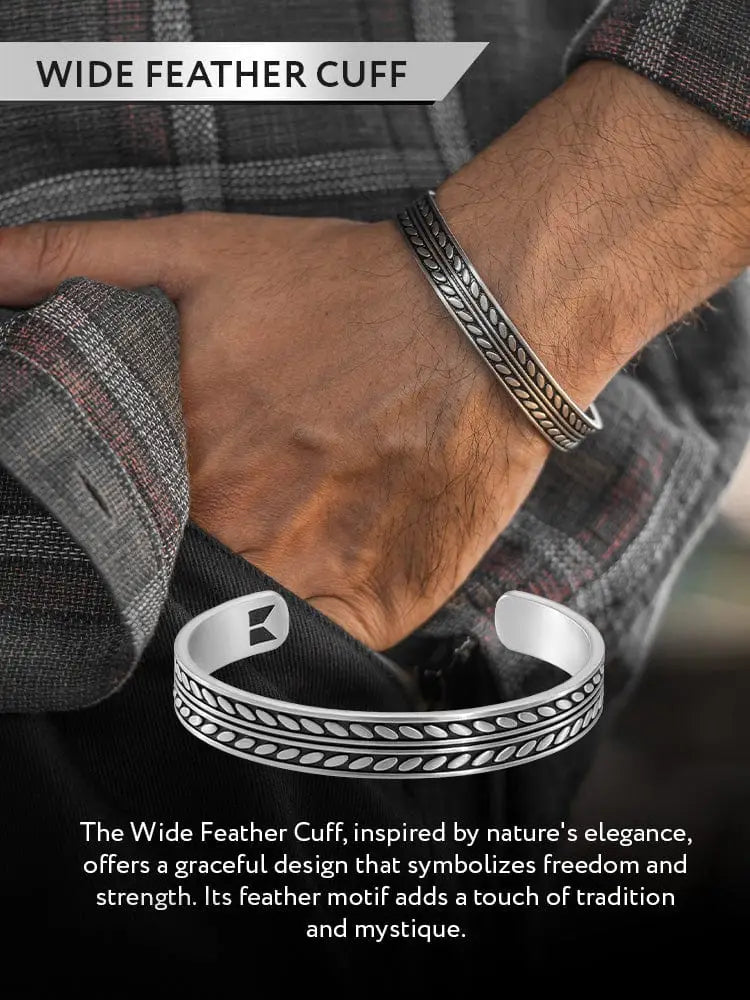 Silver wide feather textured 316l stainless steel cuff bracelet with intricate woven pattern and open-ended design