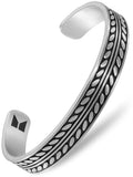 Silver-toned native feather textured 316l stainless steel open cuff bracelet with intricate oval and dot patterns