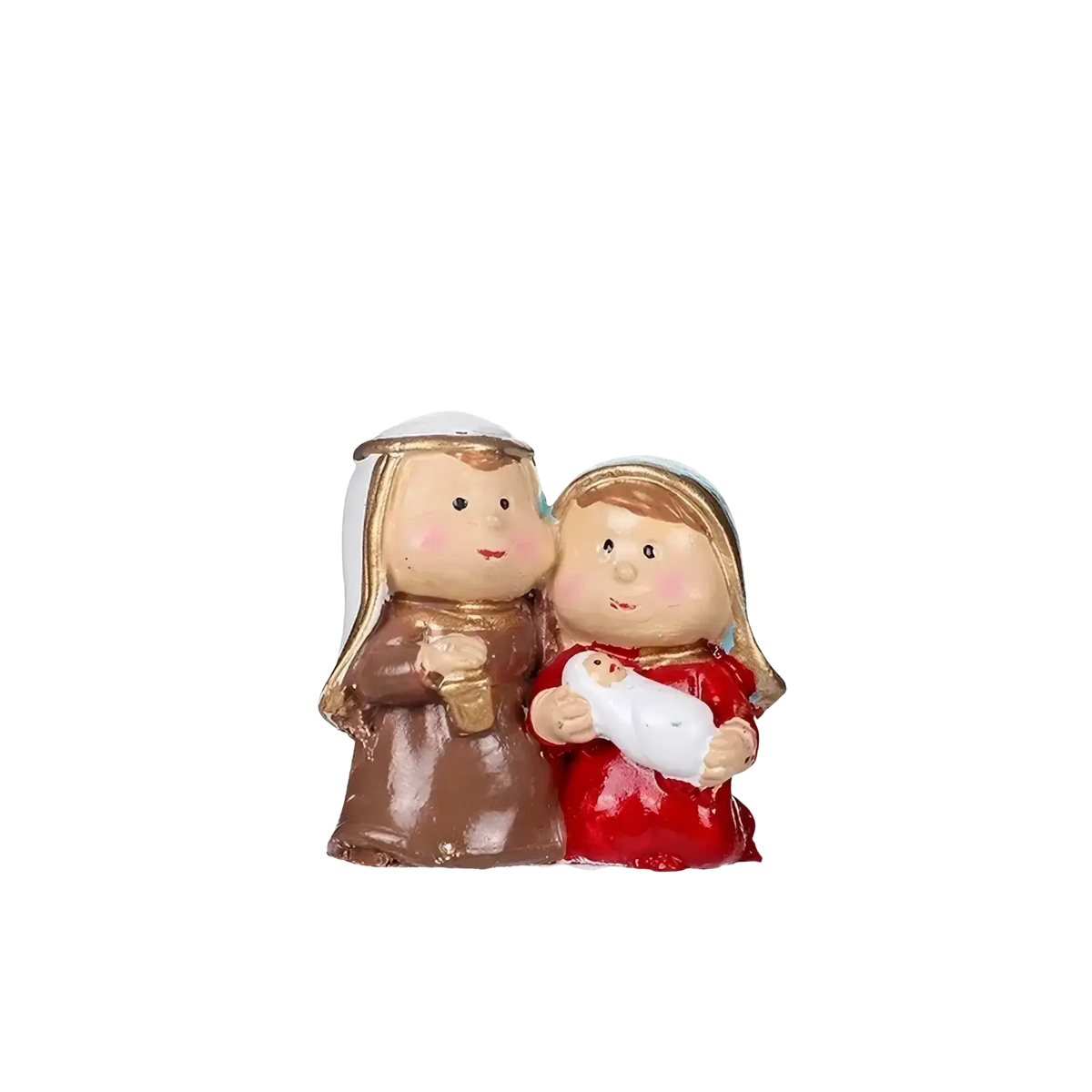 Cute resin nativity set figurine featuring mary in red and joseph in brown robes holding baby jesus for christmas table decor