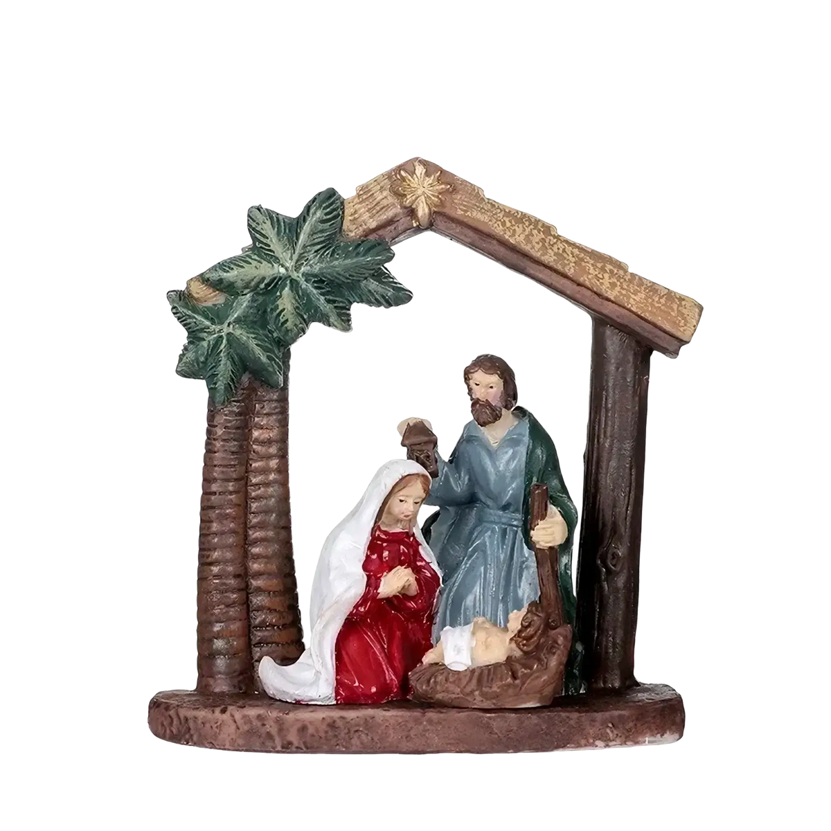 Detailed resin nativity set with mary in red and joseph in blue under wooden stable for christmas table decor
