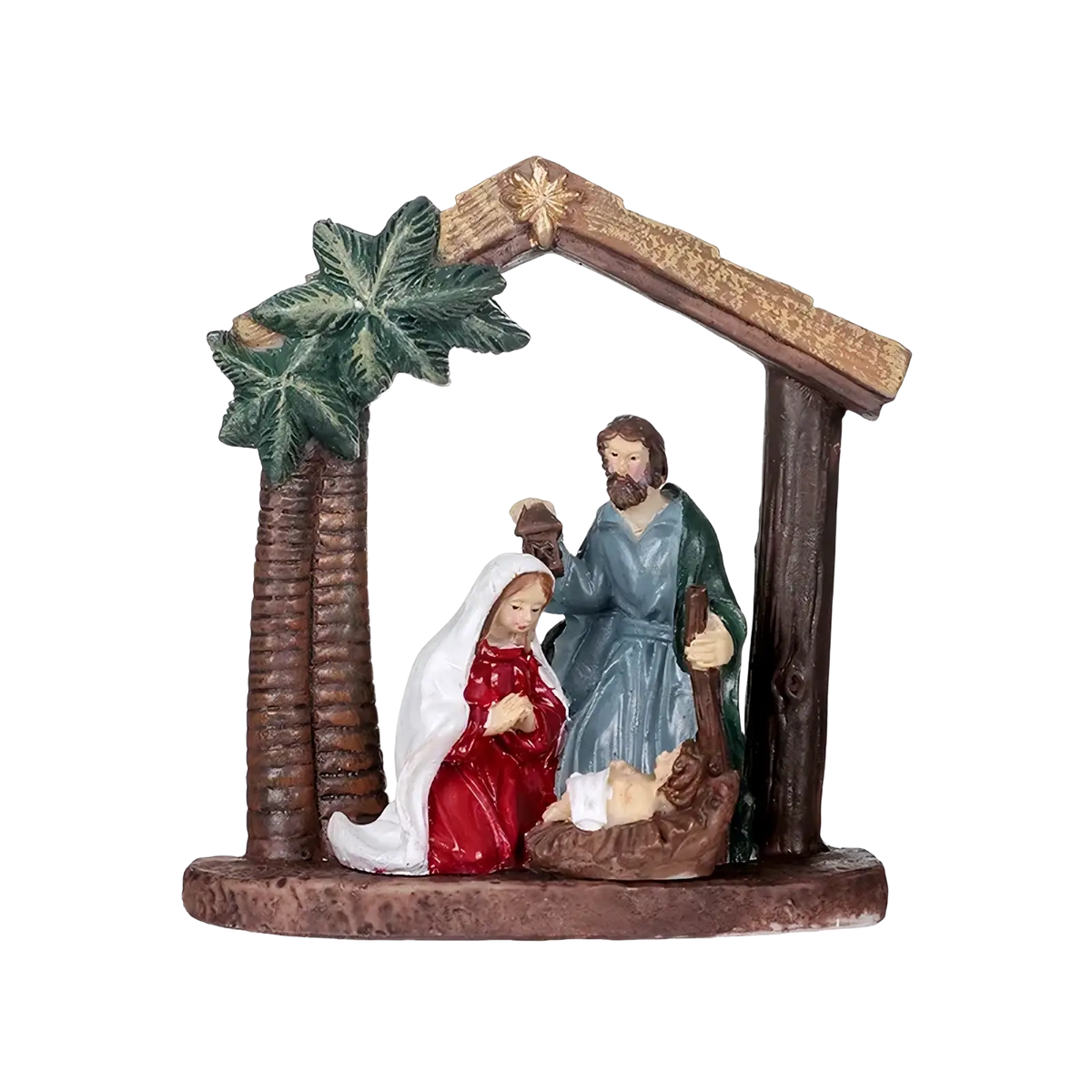 Nativity set resin Christmas table decor featuring Mary in red, Joseph in blue and green, and baby Jesus in a manger