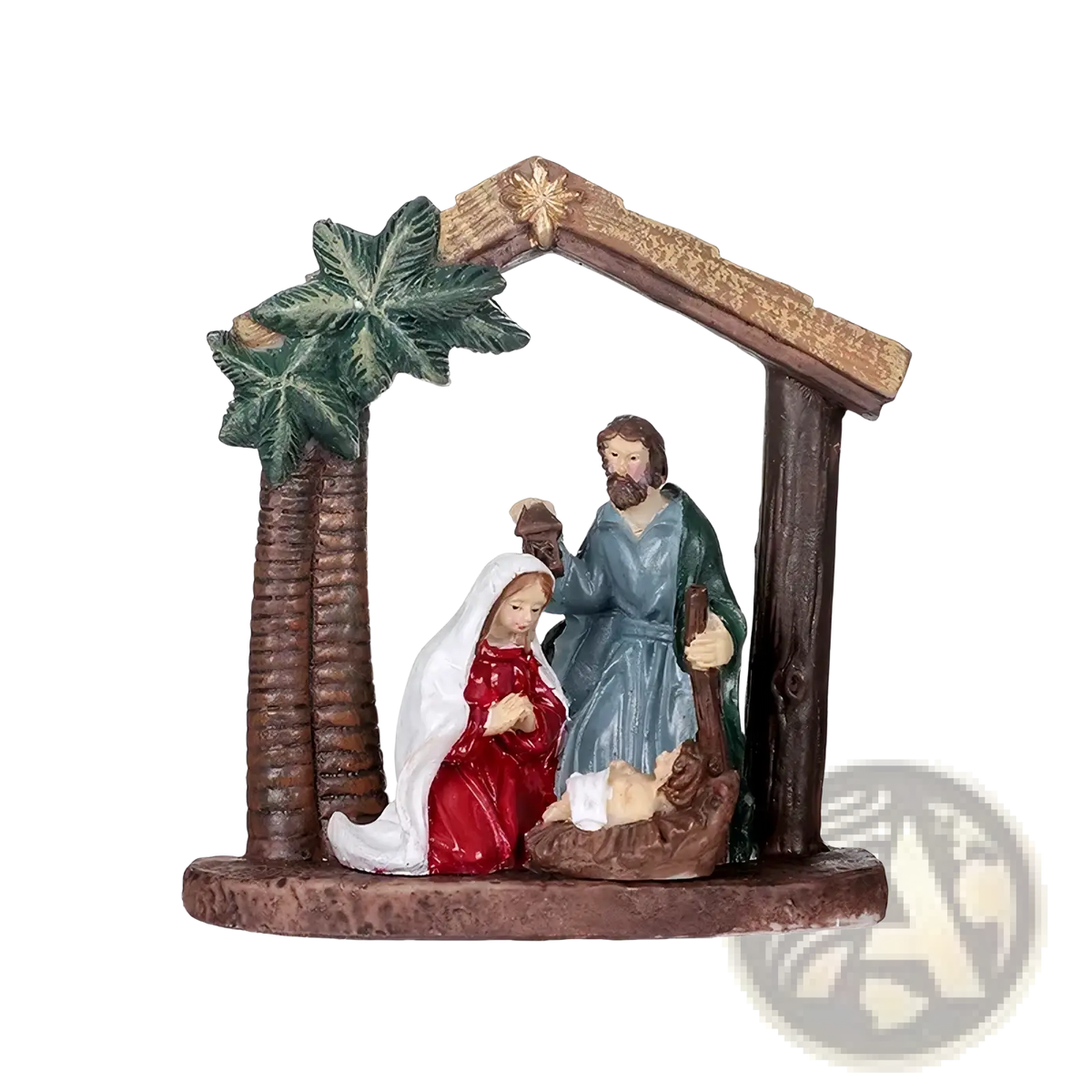 Nativity set resin Christmas table decor featuring Mary in red, Joseph in blue and green, and baby Jesus in a manger