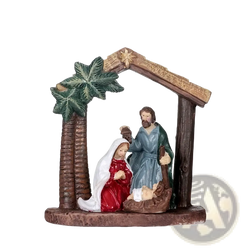 Detailed resin nativity set featuring mary in red dress, joseph in blue robes, and baby jesus under wooden stable arch
