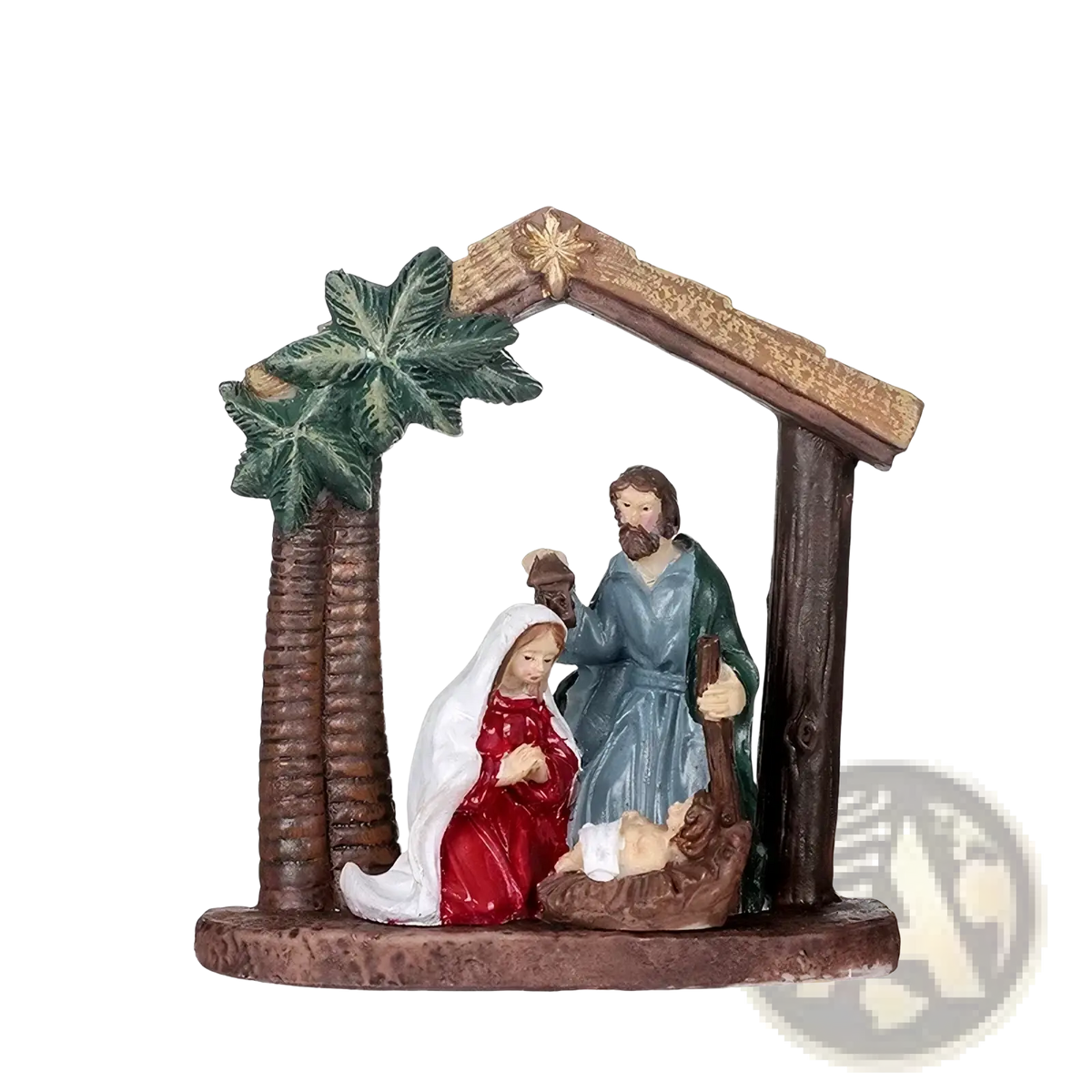 Detailed resin nativity set featuring mary in red dress, joseph in blue robes, and baby jesus under wooden stable arch