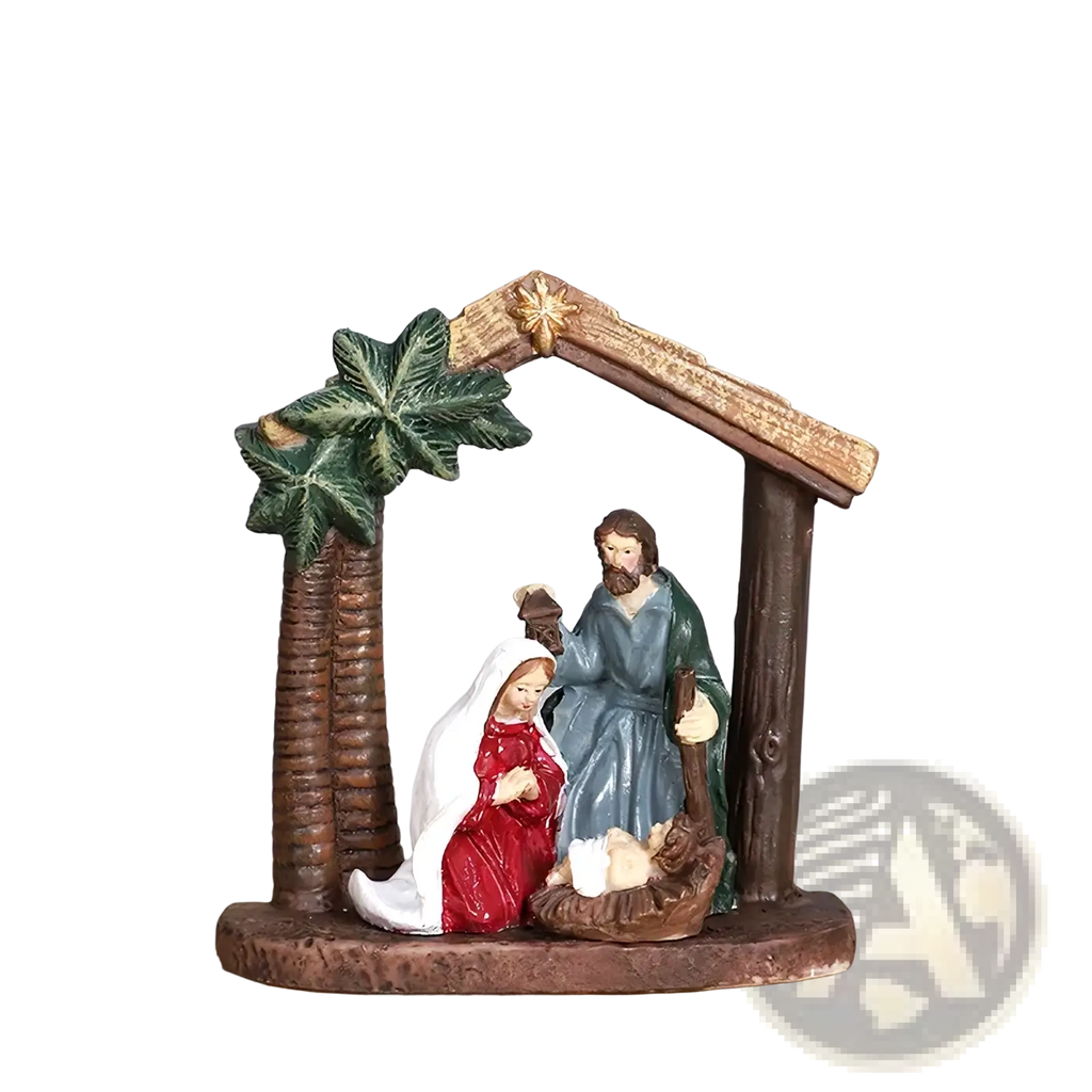 Nativity set resin christmas table decor featuring mary in red dress, joseph in blue robes, and baby jesus in manger under wooden stable roof with palm leaves
