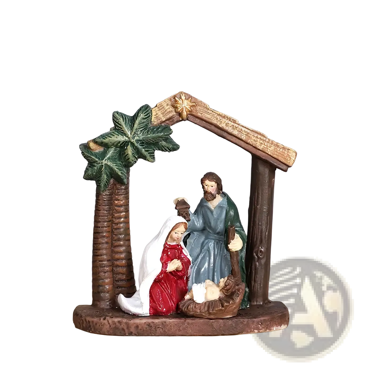 Nativity set resin christmas table decor featuring mary in red dress, joseph in blue robes, and baby jesus in manger under wooden stable roof with palm leaves