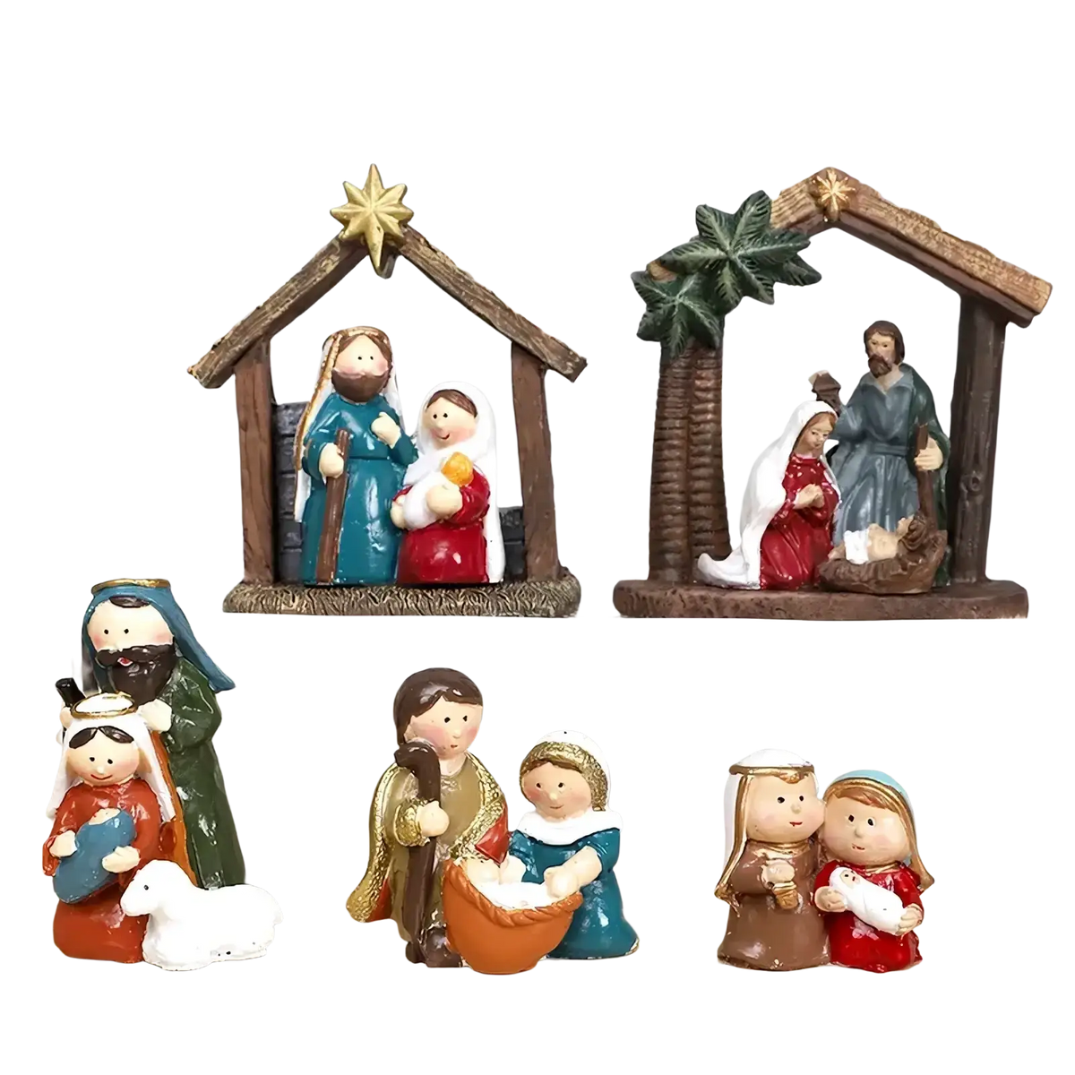 Set of five painted plastic miniature nativity figurines with wooden-style stable for christmas table decor