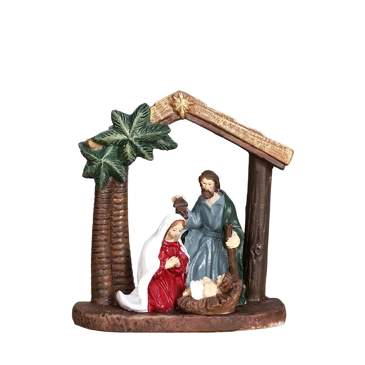 A miniature resin nativity set with mary in red and joseph in blue under a palm leaf arch for christmas table decor